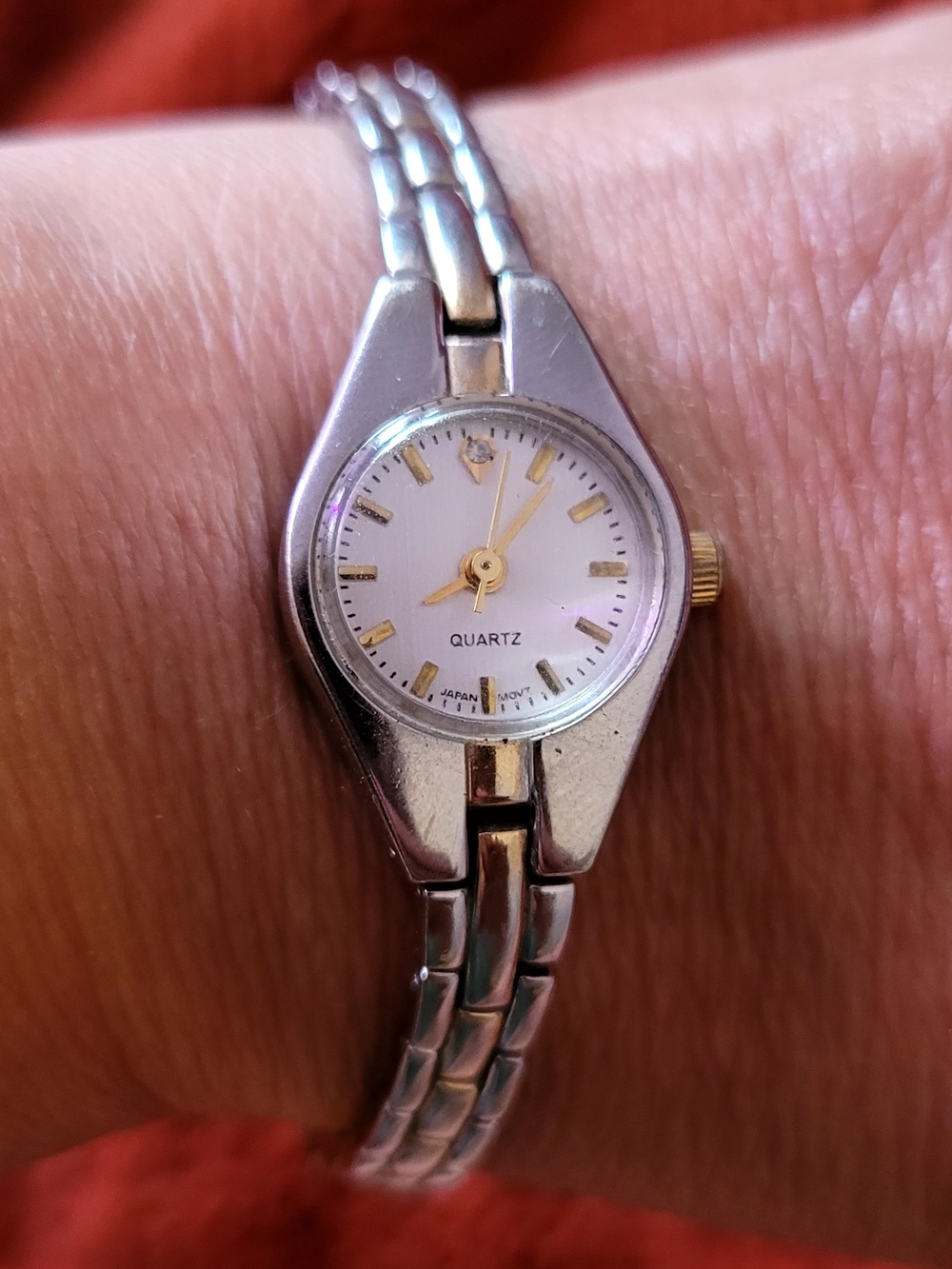 Dainty Women's Silver & Gold Tone Quartz Bracelet Watch Diamond Chip Accent